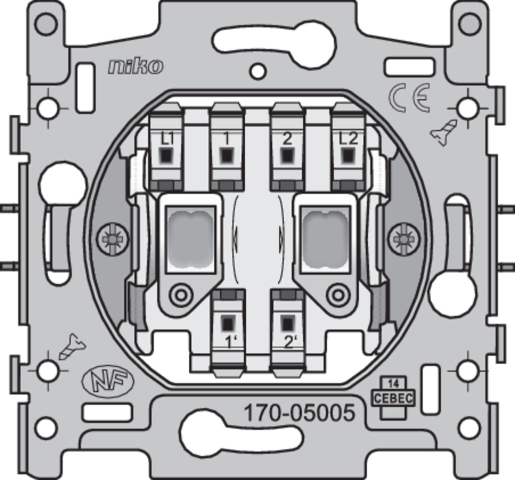 Niko 170-05005: Sokkel voor tweevoudige drukknop N.O. of N.G., 10 A/250 Vac, insteekklemmen - Image 2