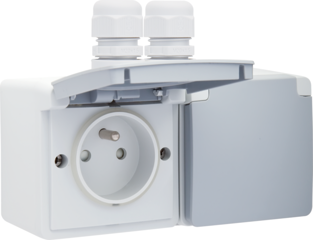 Spuitwaterdicht dubbel horizontaal stopcontact met penaarde,