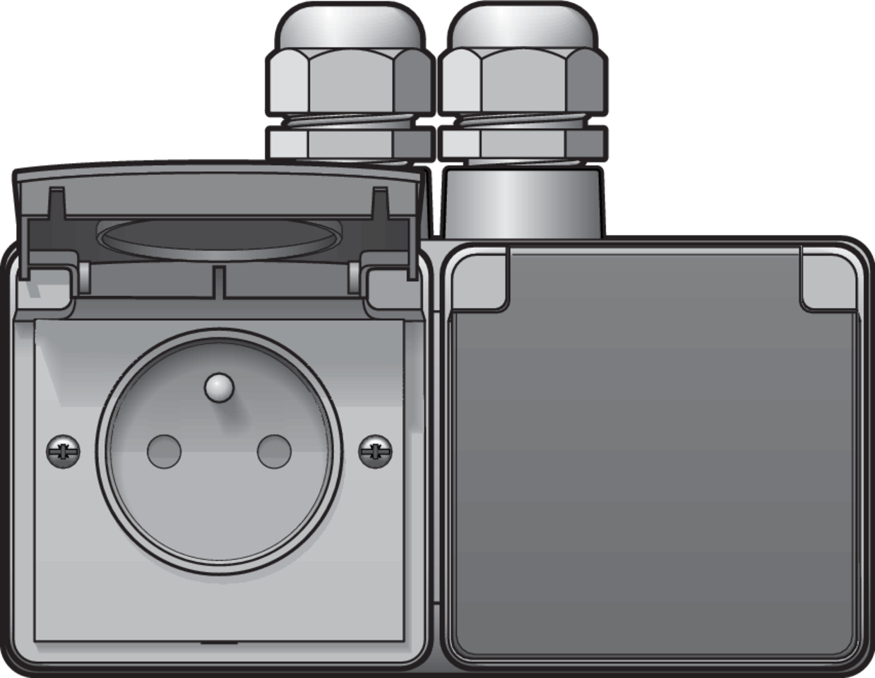 Niko 700-37749: Spuitwaterdicht dubbel horizontaal stopcontact met penaarde, beschermingsafsluiters en schroefklemmen – inclusief opbouwdoos met twee ingangen bovenaan, grijs - Image 2