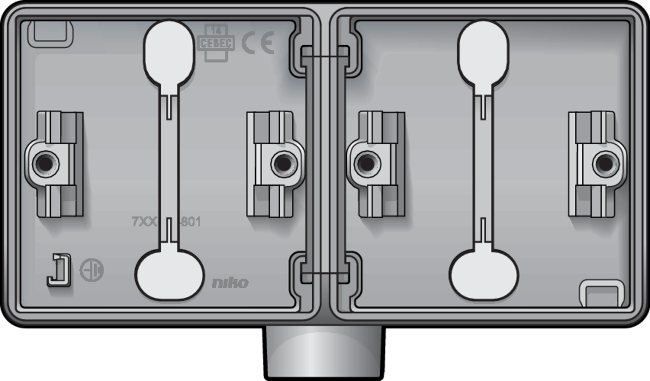 Niko 700-84801: Spuitwaterdichte dubbele horizontale opbouwdoos met één M20-ingang voor twee functies, grijs - Image 2